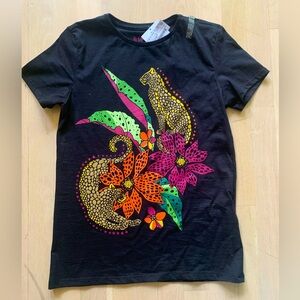 NWT Black Tropical Flower and Leopard T-Shirt